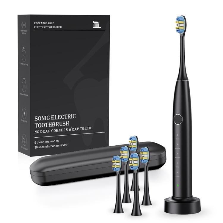 IPX7 Waterproof Portable Rechargeable Sonic Wireless Electric Toothbrush with 6-brush Heads(Black) by bashfashion