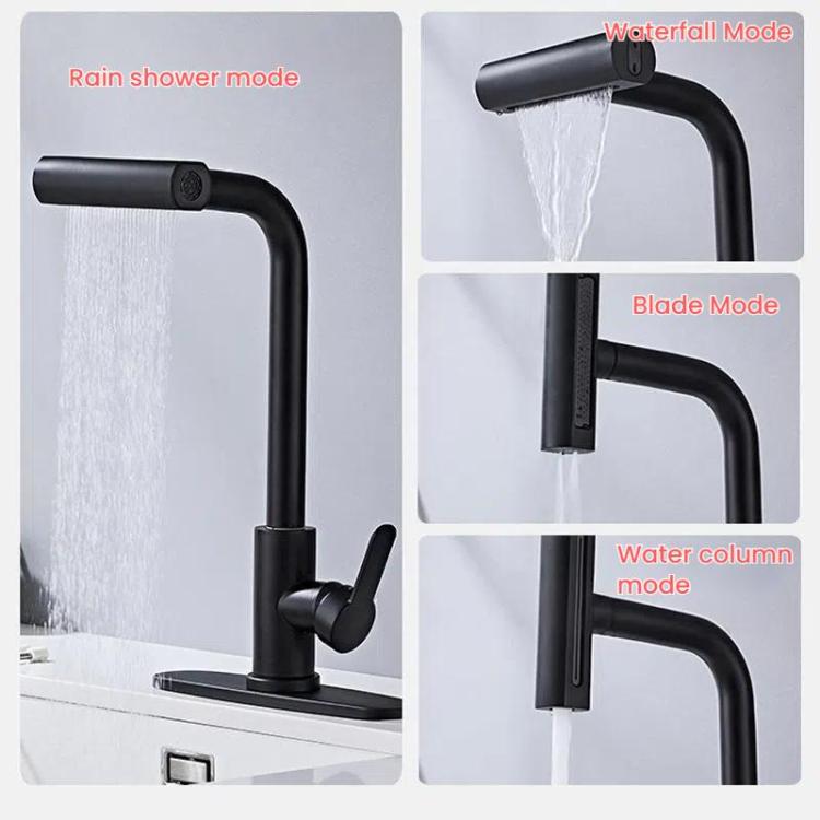 Pull-Out 4 Modes Waterfall Kitchen Faucet Hot/Cold Water Mixer Tap With Base(Black) by bashfashion