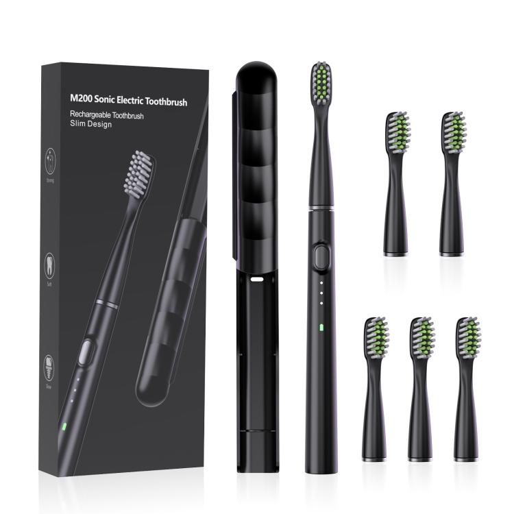 M200 IPX7 Waterproof Smart Timing Portable Electric Toothbrush with 6-brush Heads(Black) by bashfashion