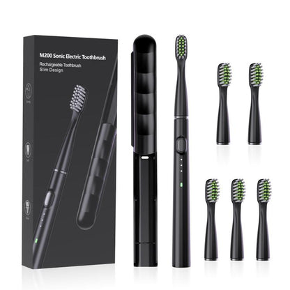 M200 IPX7 Waterproof Smart Timing Portable Electric Toothbrush with 6-brush Heads(Black) by bashfashion