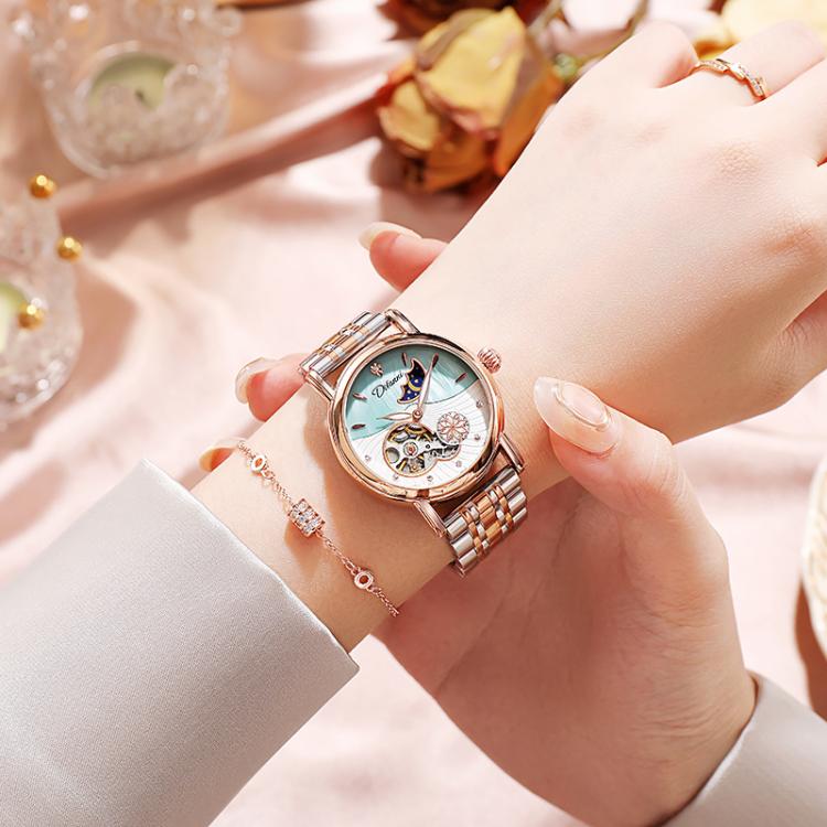 Dulunwe 6023C 30m Waterproof Fully Automatic Mechanical Watch, Color: Rose Gold Steel Strap Green by Dulunwe