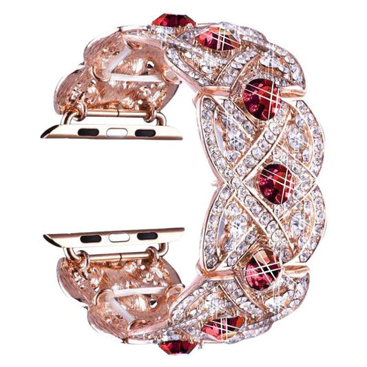 Petaled Metal Diamond Wristband Strap For Apple Watch Series 9 / 8 / 7 / 6 / SE / 5 / 4 / 3, Color: 1202 Rose Gold Red(38/40/41mm) by bashfashion