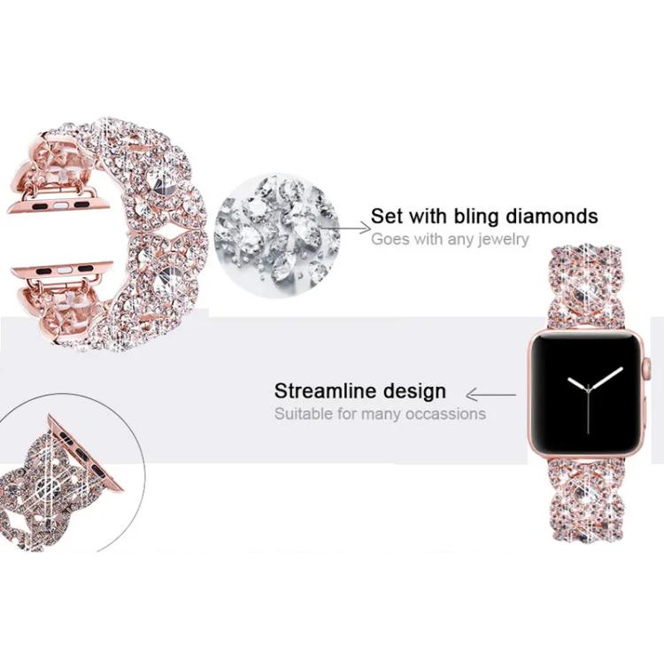 Petaled Metal Diamond Wristband Strap For Apple Watch Series 9 / 8 / 7 / 6 / SE / 5 / 4 / 3, Color: 1202 Rose Gold Red(42/44/45/49mm) by bashfashion