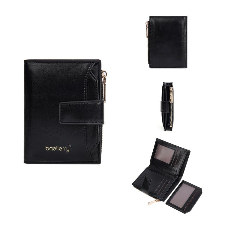 Baellerry N5122 Women Short Wallet Oil Waxed Leather Zipper Clasp Coin Purse(Black) by Baellerry