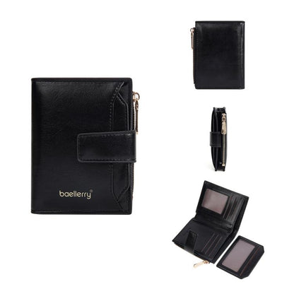 Baellerry N5122 Women Short Wallet Oil Waxed Leather Zipper Clasp Coin Purse(Black) by Baellerry