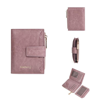 Baellerry N5122 Women Short Wallet Oil Waxed Leather Zipper Clasp Coin Purse(Pink) by Baellerry