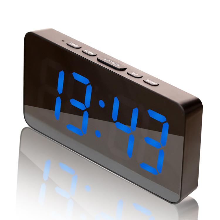 LED Mirror Digital Clock with Type-C Charging Port & 18650 Battery Compartment (Battery Not Included)(Black+Blue) by bashfashion