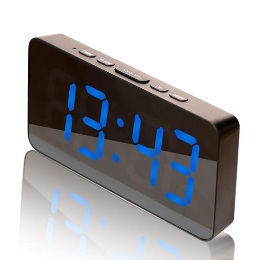 LED Mirror Digital Clock with Type-C Charging Port & 18650 Battery Compartment (Battery Not Included)(Black+Blue) by bashfashion