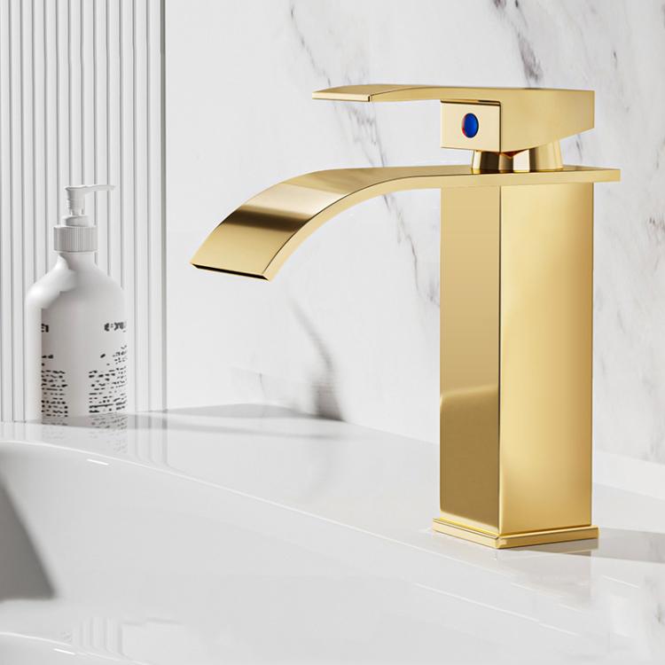 Waterfall Wash Basin Faucet Stainless Steel Hot/Cold Water Mixer Tap for Sink Basin, Spec: Low Rose Gold by bashfashion