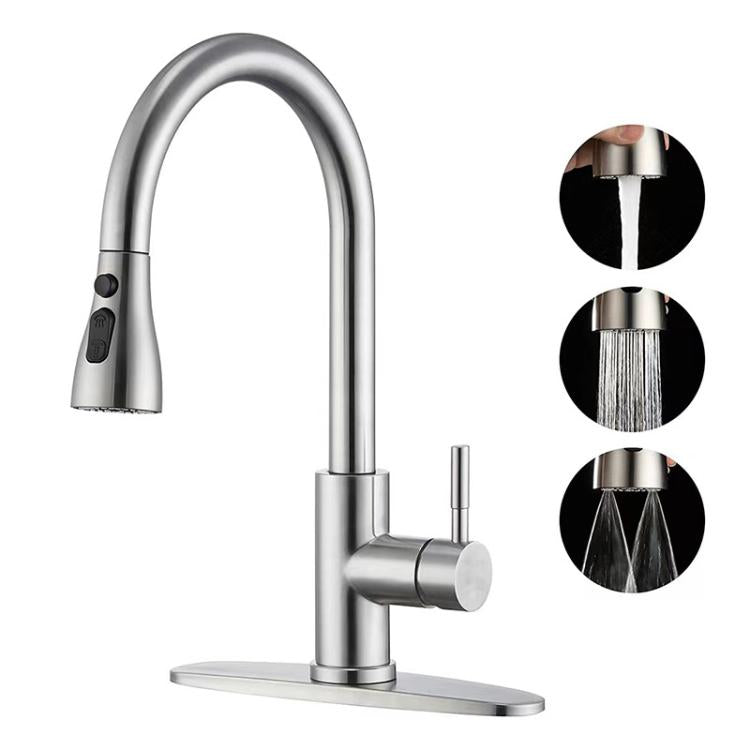 Pull-Out 3 Modes Kitchen Faucet Hot/Cold Water Mixer Tap With Base(Brushed Silver) by bashfashion
