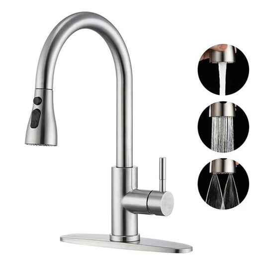 Pull-Out 3 Modes Kitchen Faucet Hot/Cold Water Mixer Tap With Base(Brushed Silver) by bashfashion