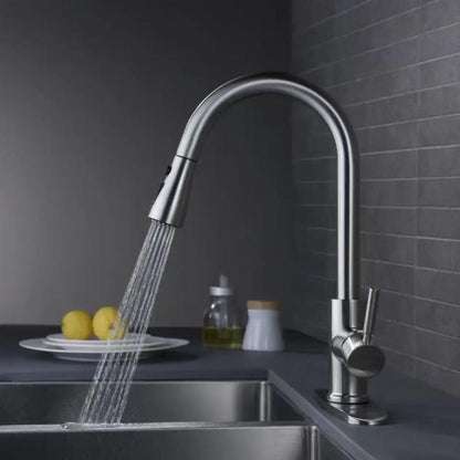 Pull-Out 3 Modes Kitchen Faucet Hot/Cold Water Mixer Tap With Base(Brushed Silver) by bashfashion