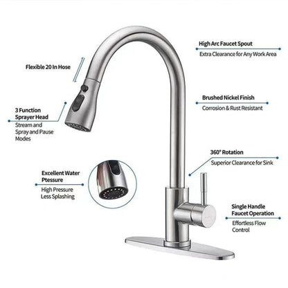 Pull-Out 3 Modes Kitchen Faucet Hot/Cold Water Mixer Tap With Base(Brushed Silver) by bashfashion