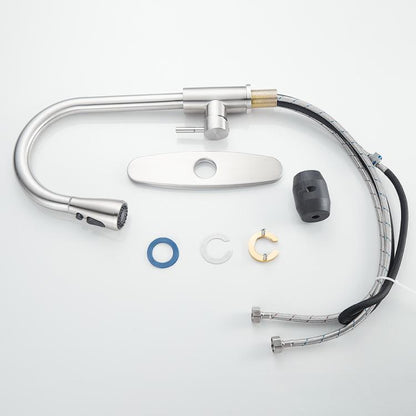 Pull-Out 3 Modes Kitchen Faucet Hot/Cold Water Mixer Tap With Base(Brushed Silver) by bashfashion