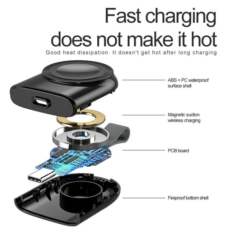 For Apple Watch 1/2/3/4/5/6/7/8/9/10/SE Portable Magnetic Wireless Charger Type-C Smart Wireless Charger(Black) by bashfashion