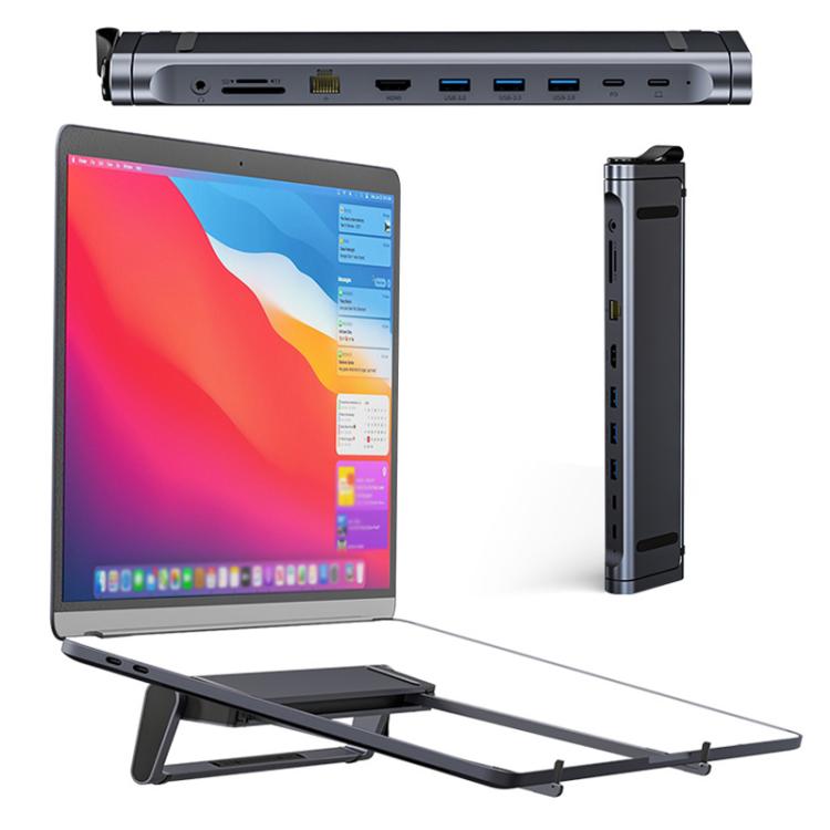 9 In 1 Hub Computer Stand Aluminum Alloy Folding PD Fast Charging With LAN Docking Station Laptop Bracket(Dark Metallic Color) by bashfashion