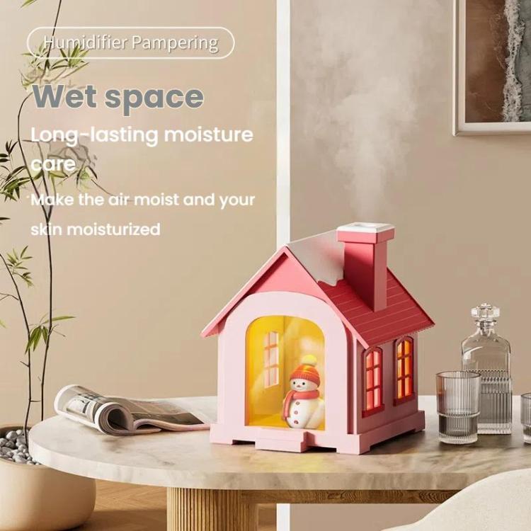 500ML Portable Mini Snow House Humidifier USB Desktop Snowman Colorful Ambient Light Air Humidifiers, Size: Rechargeable(Pink) by bashfashion