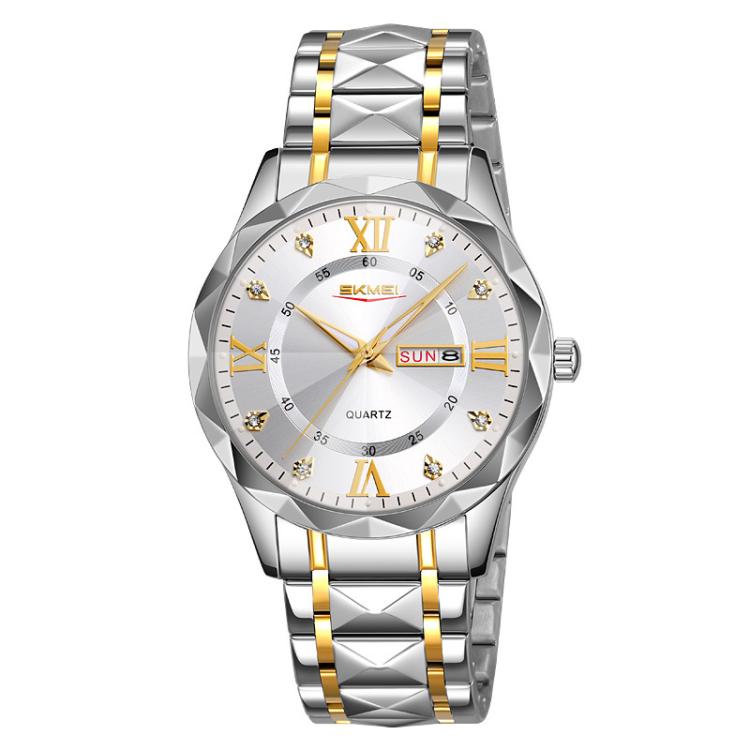 SKMEI Business Casual Watches Diamond Case Luminous Waterproof Quartz Watch, Style: Men Silver Gold Strap Silver Dial by SKMEI