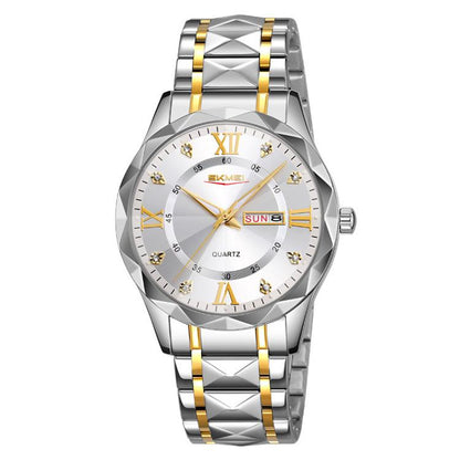 SKMEI Business Casual Watches Diamond Case Luminous Waterproof Quartz Watch, Style: Men Silver Gold Strap Silver Dial by SKMEI