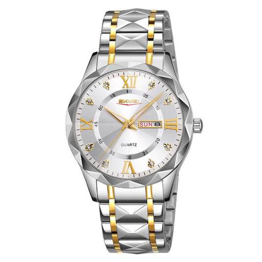 SKMEI Business Casual Watches Diamond Case Luminous Waterproof Quartz Watch, Style: Men Silver Gold Strap Silver Dial by SKMEI