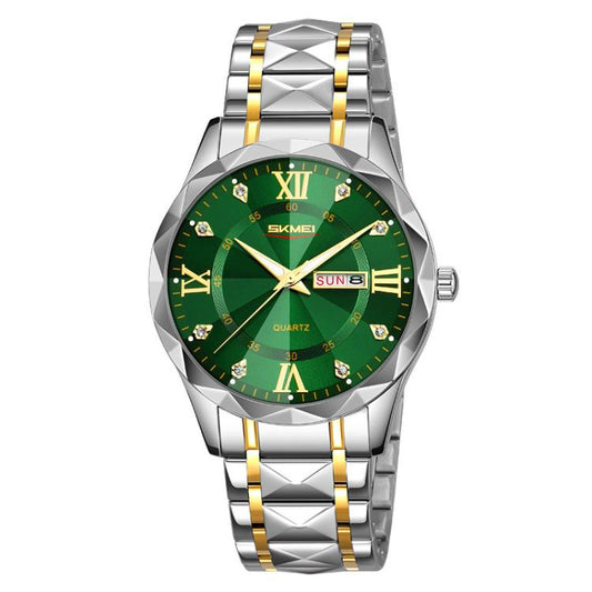 SKMEI Business Casual Watches Diamond Case Luminous Waterproof Quartz Watch, Style: Men Silver Gold Strap Green Dial by SKMEI