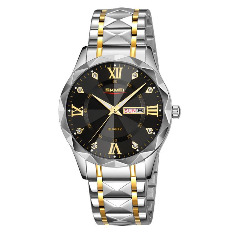 SKMEI Business Casual Watches Diamond Case Luminous Waterproof Quartz Watch, Style: Men Silver Gold Strap Black Dial by SKMEI