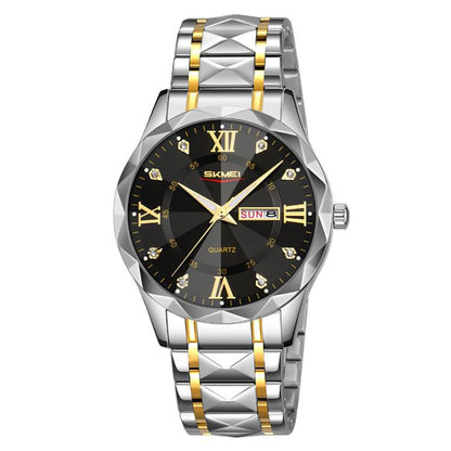 SKMEI Business Casual Watches Diamond Case Luminous Waterproof Quartz Watch, Style: Men Silver Gold Strap Black Dial by SKMEI