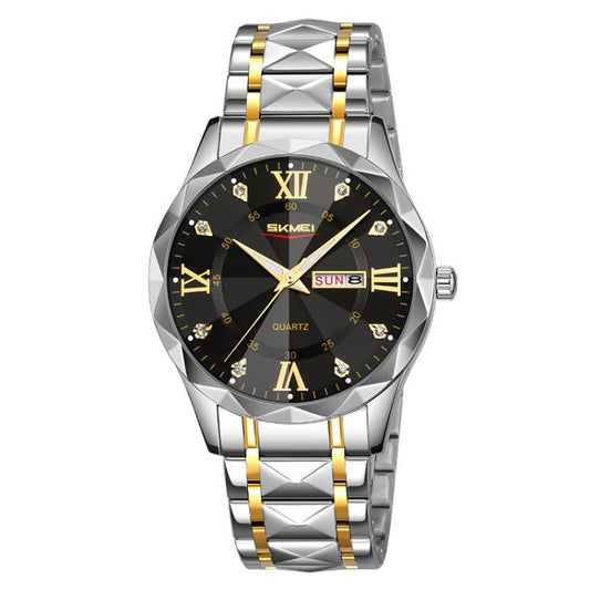 SKMEI Business Casual Watches Diamond Case Luminous Waterproof Quartz Watch, Style: Men Silver Gold Strap Black Dial by SKMEI