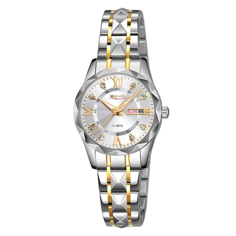 SKMEI Business Casual Watches Diamond Case Luminous Waterproof Quartz Watch, Style: Women Silver Gold Strap Silver Dial by SKMEI
