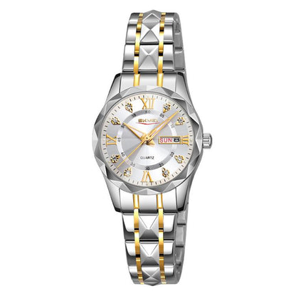 SKMEI Business Casual Watches Diamond Case Luminous Waterproof Quartz Watch, Style: Women Silver Gold Strap Silver Dial by SKMEI
