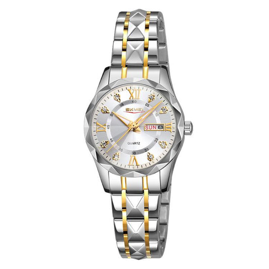 SKMEI Business Casual Watches Diamond Case Luminous Waterproof Quartz Watch, Style: Women Silver Gold Strap Silver Dial by SKMEI