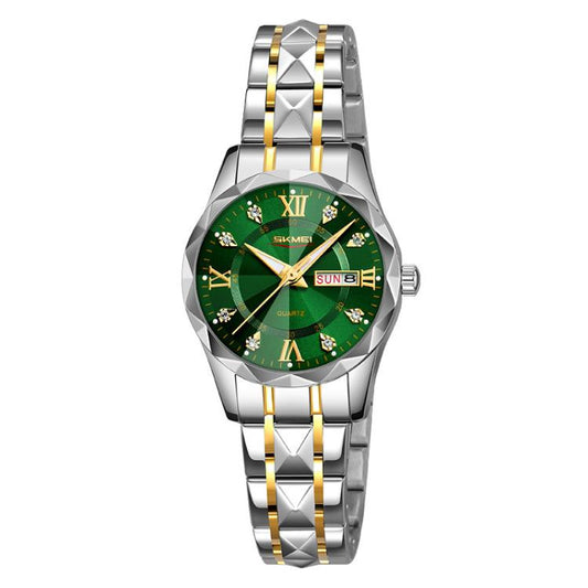 SKMEI Business Casual Watches Diamond Case Luminous Waterproof Quartz Watch, Style: Women Silver Gold Strap Green Dial by SKMEI
