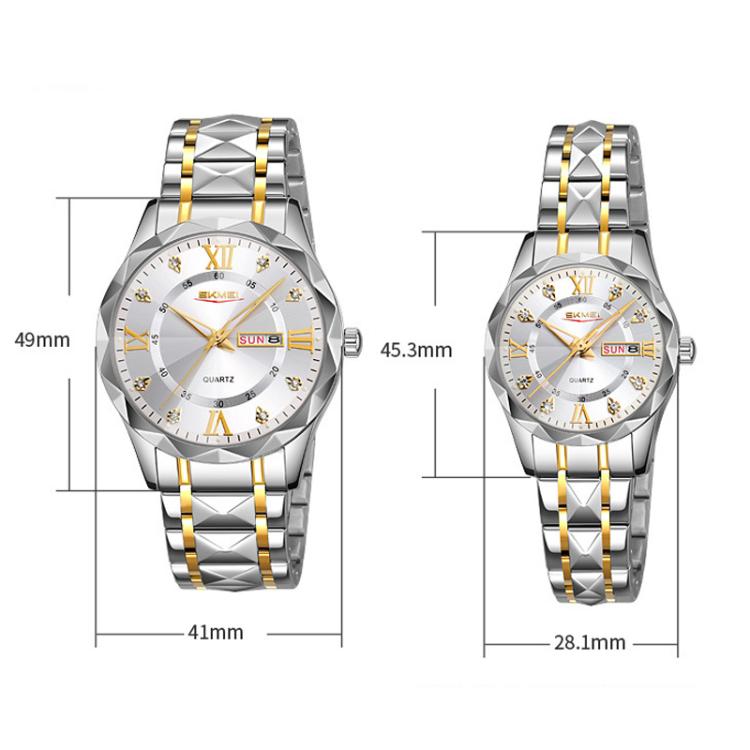 SKMEI Business Casual Watches Diamond Case Luminous Waterproof Quartz Watch, Style: Women Silver Gold Strap Black Dial by SKMEI
