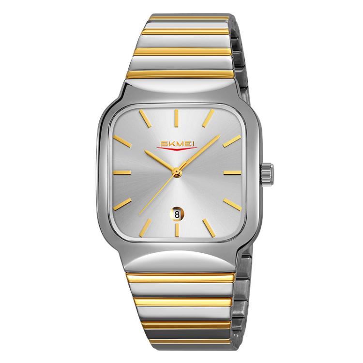 SKMEI 9361 Steel Strap Textured Dial Watch Business Casual Square Quartz Watch, Style: Silver Gold Case Silver Dial by SKMEI