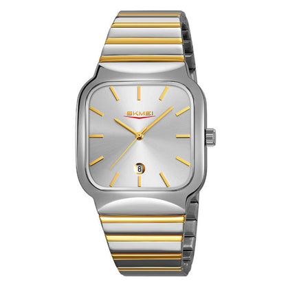 SKMEI 9361 Steel Strap Textured Dial Watch Business Casual Square Quartz Watch, Style: Silver Gold Case Silver Dial by SKMEI