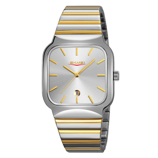 SKMEI 9361 Steel Strap Textured Dial Watch Business Casual Square Quartz Watch, Style: Silver Gold Case Silver Dial by SKMEI