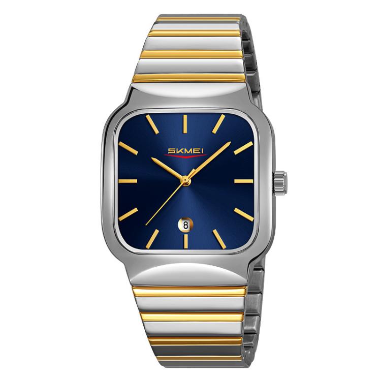 SKMEI 9361 Steel Strap Textured Dial Watch Business Casual Square Quartz Watch, Style: Silver Gold Case Blue Dial by SKMEI