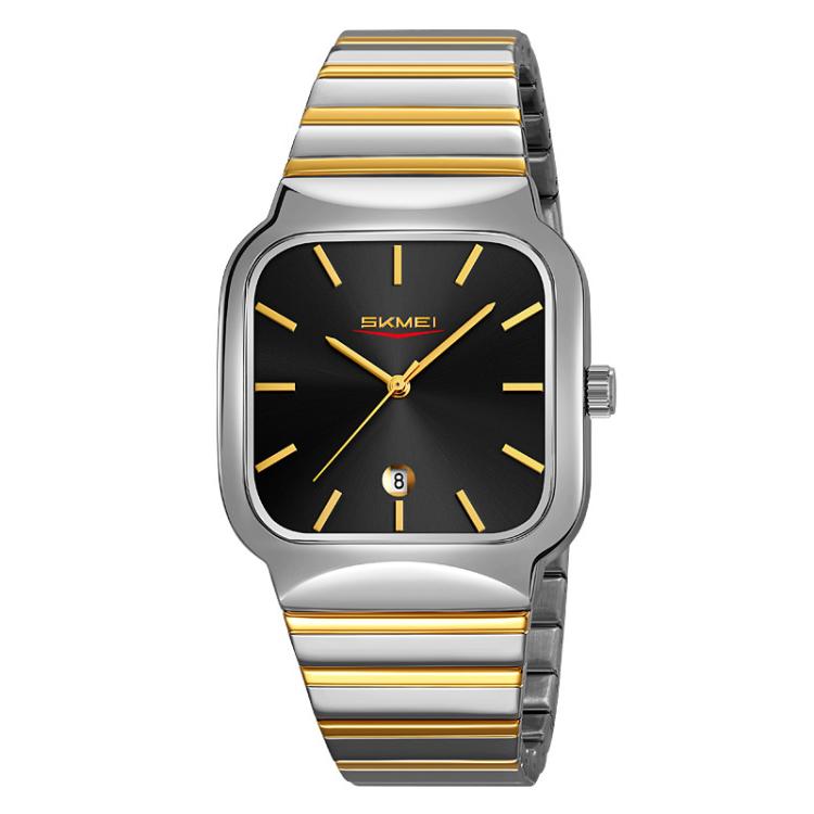 SKMEI 9361 Steel Strap Textured Dial Watch Business Casual Square Quartz Watch, Style: Silver Gold Case Black Dial by SKMEI