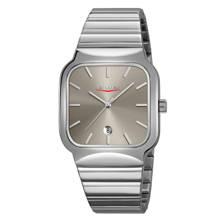 SKMEI 9361 Steel Strap Textured Dial Watch Business Casual Square Quartz Watch, Style: Silver Case Gray Dial by SKMEI