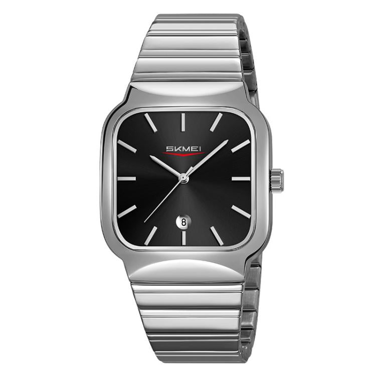 SKMEI 9361 Steel Strap Textured Dial Watch Business Casual Square Quartz Watch, Style: Silver Case Black Dial by SKMEI