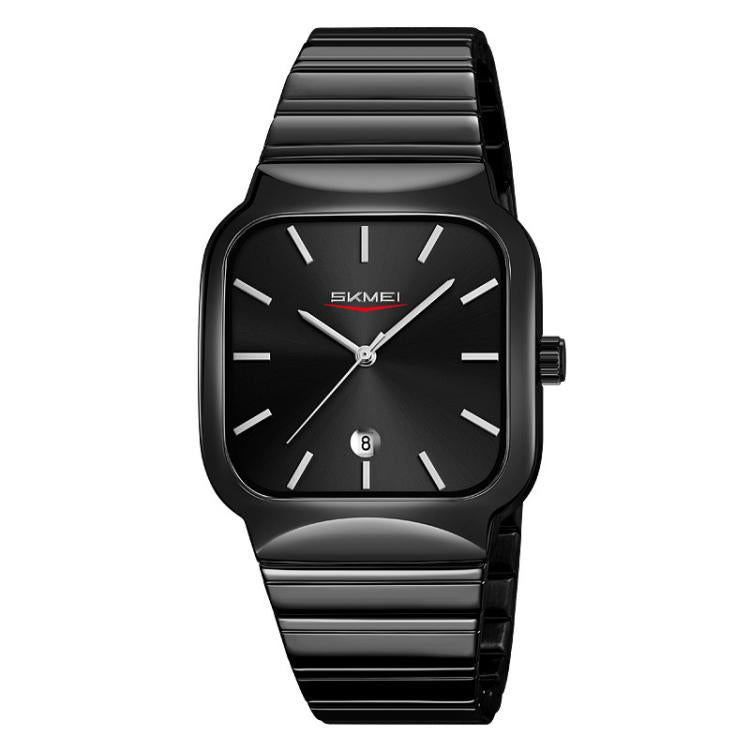 SKMEI 9361 Steel Strap Textured Dial Watch Business Casual Square Quartz Watch, Style: Black Case Black Dial by SKMEI