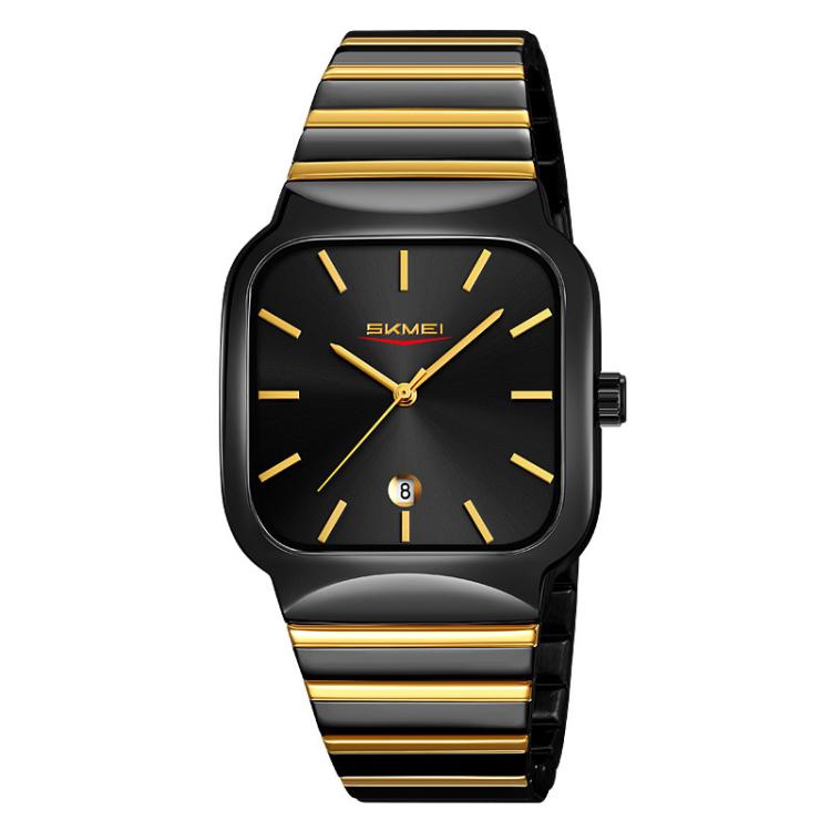 SKMEI 9361 Steel Strap Textured Dial Watch Business Casual Square Quartz Watch, Style: Black Gold Case Black Dial by SKMEI
