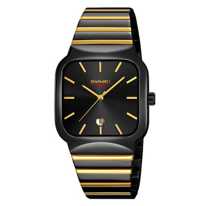SKMEI 9361 Steel Strap Textured Dial Watch Business Casual Square Quartz Watch, Style: Black Gold Case Black Dial by SKMEI