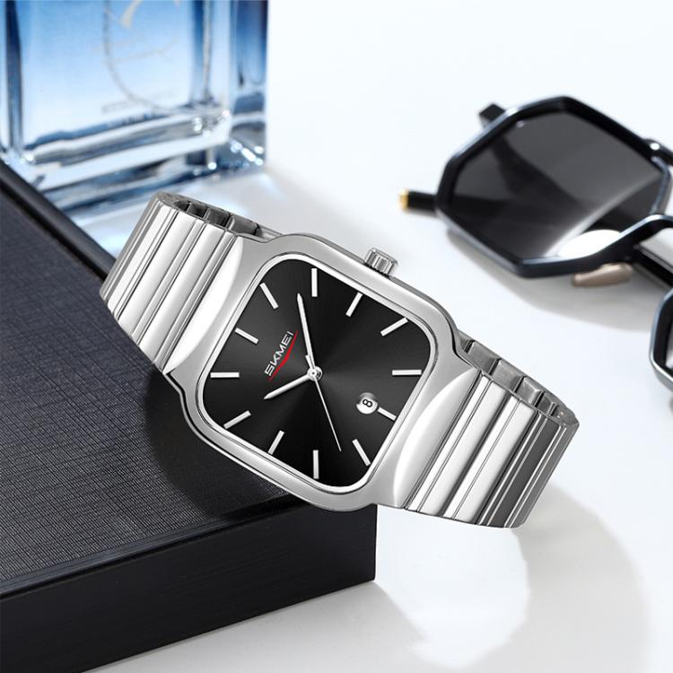 SKMEI 9361 Steel Strap Textured Dial Watch Business Casual Square Quartz Watch, Style: Silver Gold Case Blue Dial by SKMEI