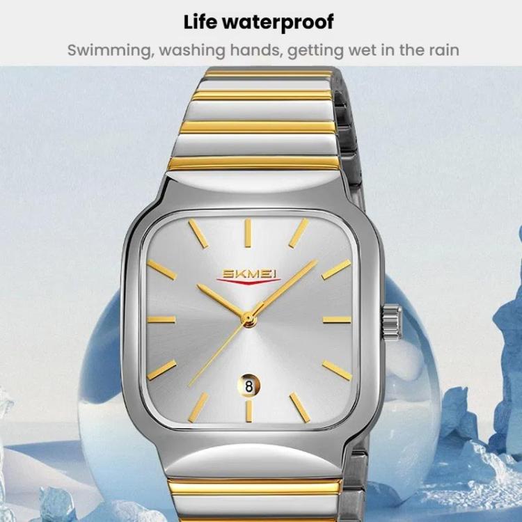 SKMEI 9361 Steel Strap Textured Dial Watch Business Casual Square Quartz Watch, Style: Silver Case Gray Dial by SKMEI