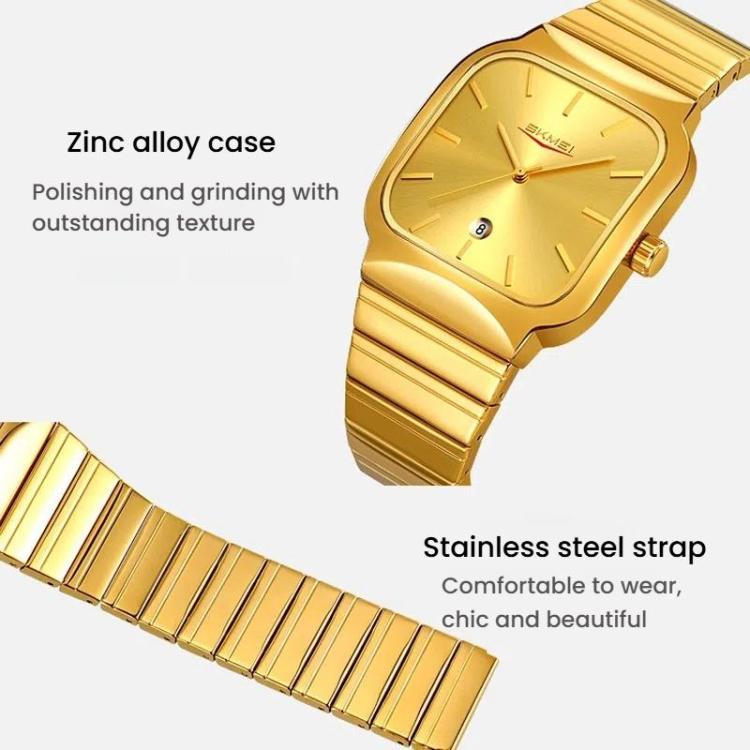 SKMEI 9361 Steel Strap Textured Dial Watch Business Casual Square Quartz Watch, Style: Gold Case Gray Dial by SKMEI