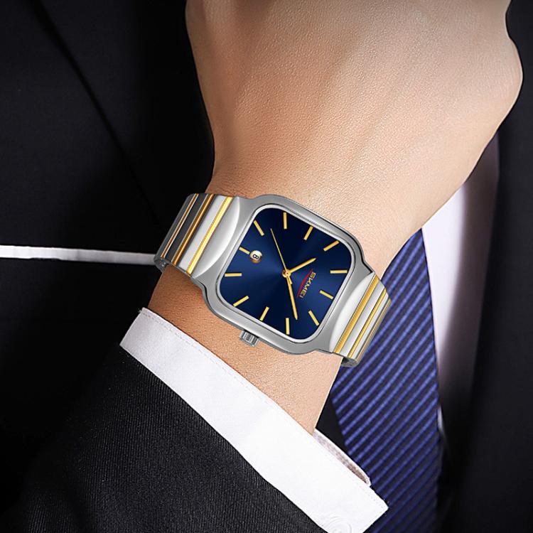 SKMEI 9361 Steel Strap Textured Dial Watch Business Casual Square Quartz Watch, Style: Gold Case Gray Dial by SKMEI