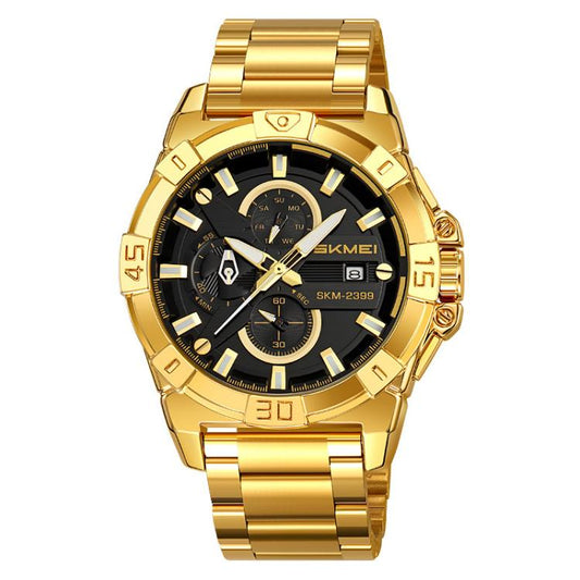 SKMEI 2399 Three-eye Six-pin Steel Band Quartz Watch Men Business Casual Watch(Gold) by SKMEI