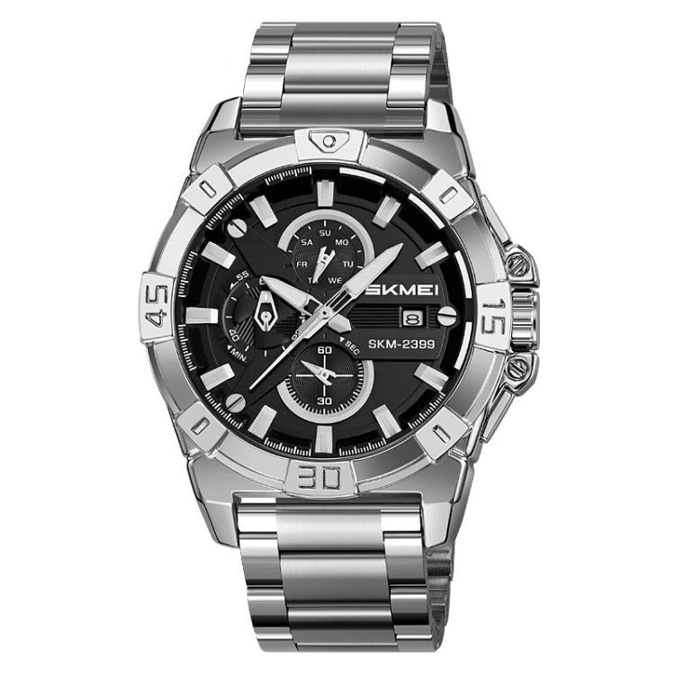 SKMEI 2399 Three-eye Six-pin Steel Band Quartz Watch Men Business Casual Watch(Silver) by SKMEI