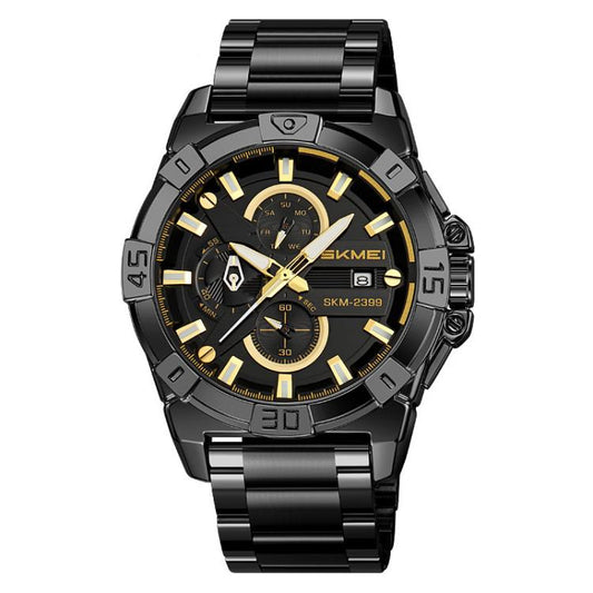 SKMEI 2399 Three-eye Six-pin Steel Band Quartz Watch Men Business Casual Watch(Black Gold) by SKMEI